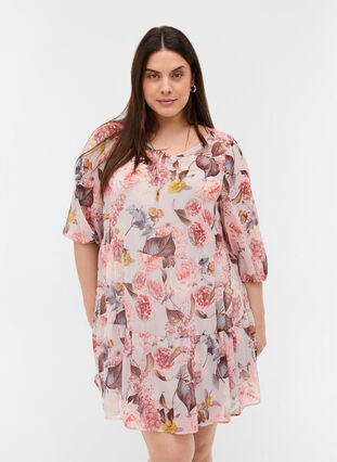 Floral Tunic with 3/4 sleeves and A-line, Light Lilac AOP, Model image number 0