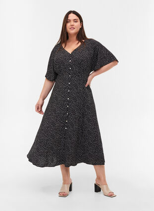 Viscose midi dress with polka dots and buttons, Black w. Dot, Model image number 3