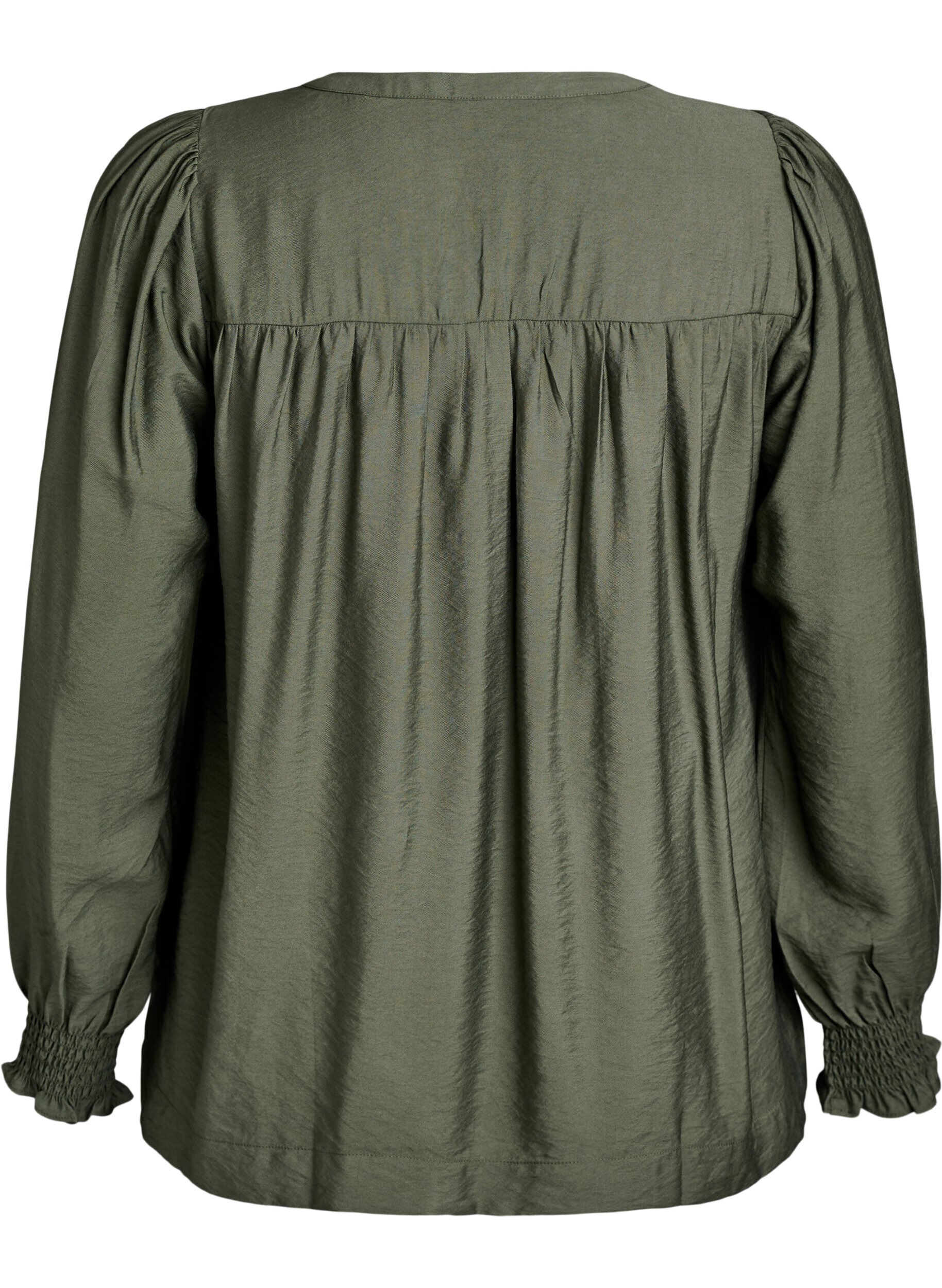 Zizzifashion Viscose blouse with smock and gathered details, Green, Packshot image number 1
