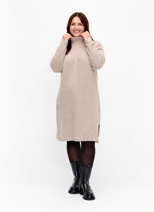 Ribbed Knit Dress with Turtleneck, Simply Taupe Mel., Model image number 2