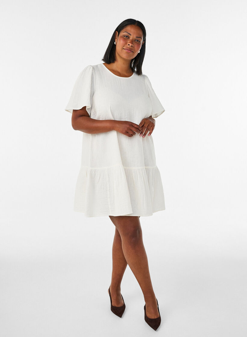 Cotton short-sleeved dress with a-line cut, Vanilla, Model image number 1