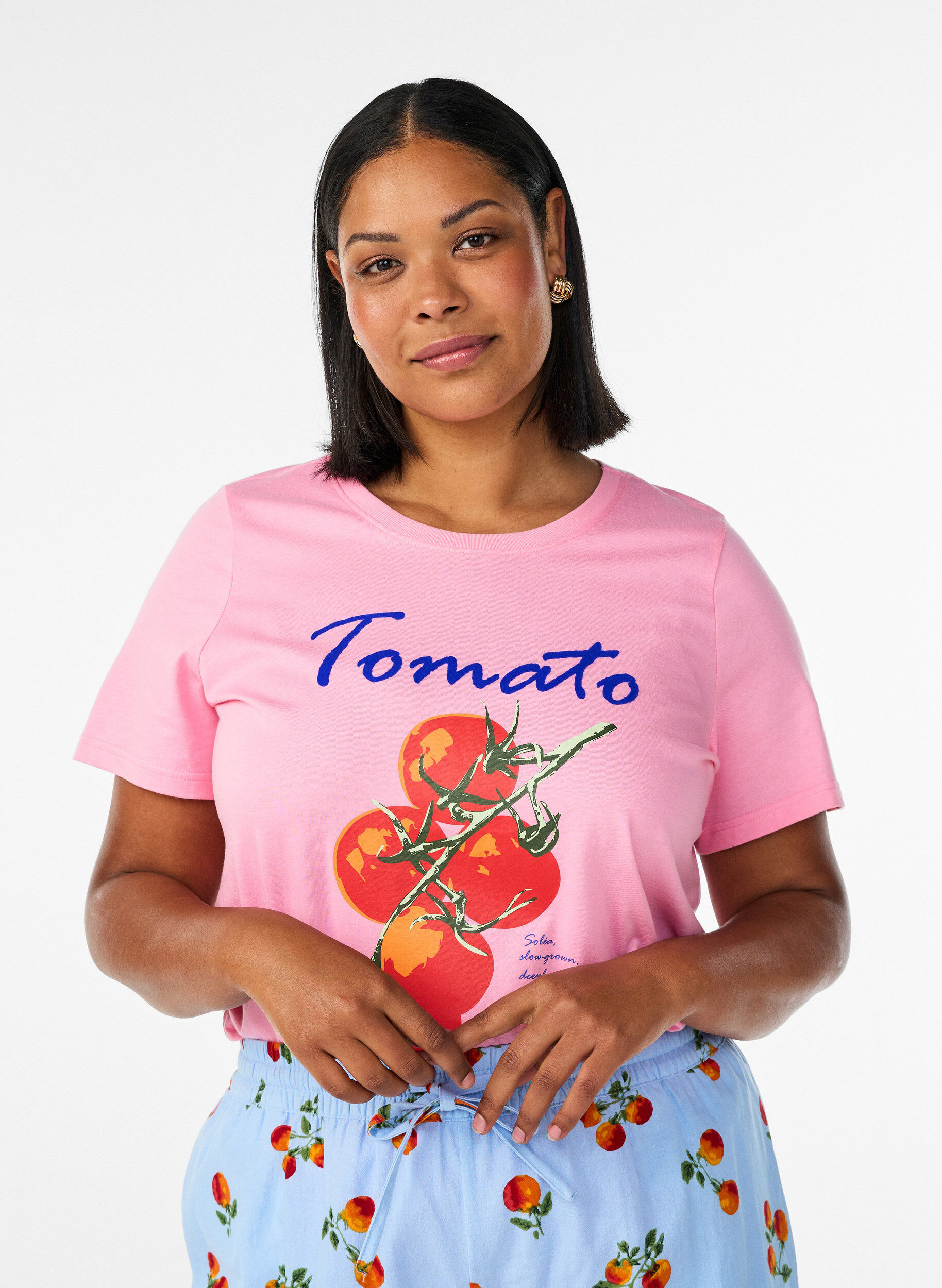 Organic cotton T-shirt with tomato print, Pink, Model