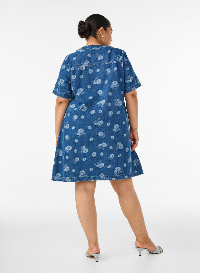A-line denim dress with floral pattern, Blue, Model image number 2