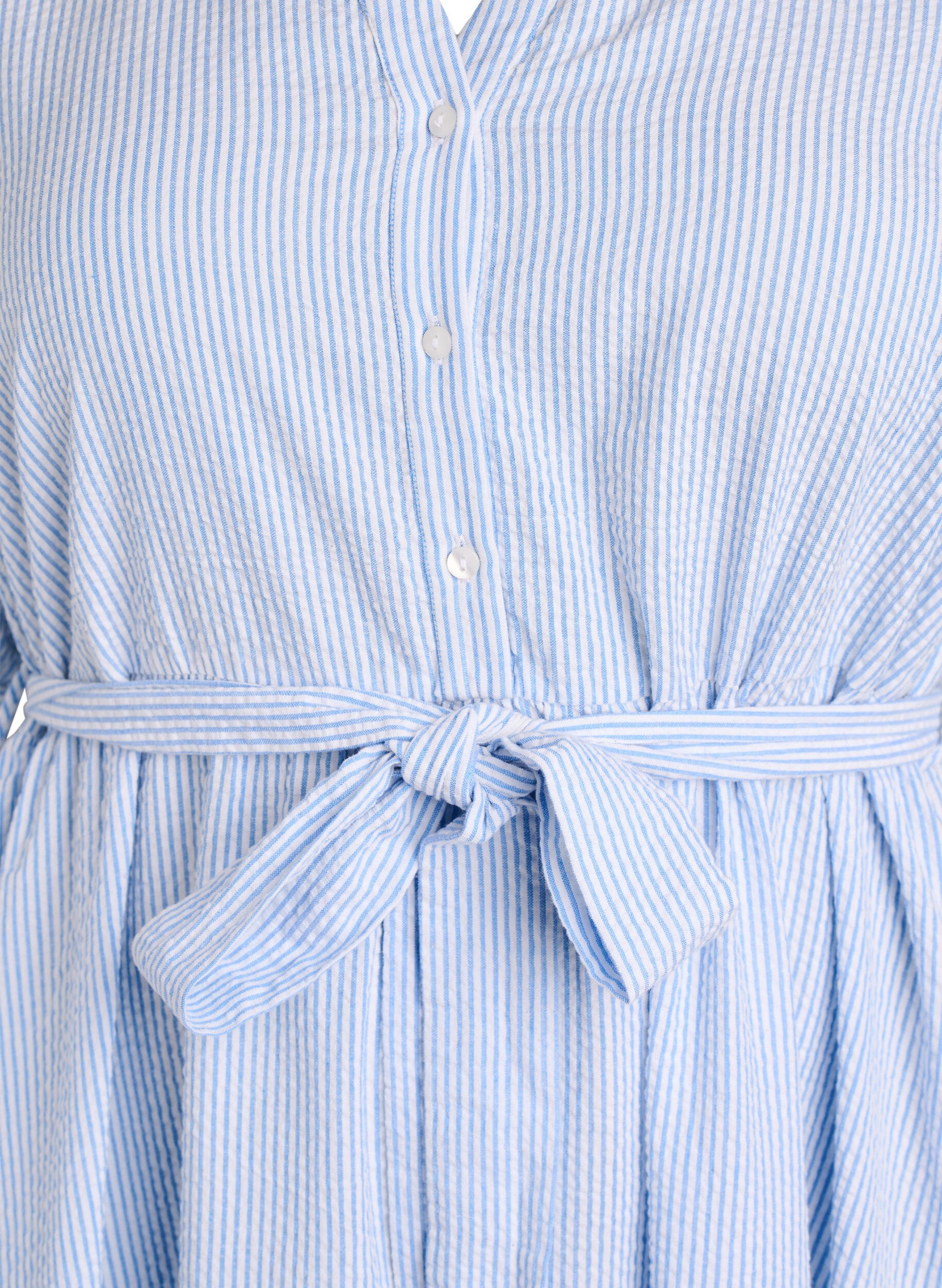 Zizzifashion Striped midi dress in cotton with a tie-belt, White, Packshot image number 2