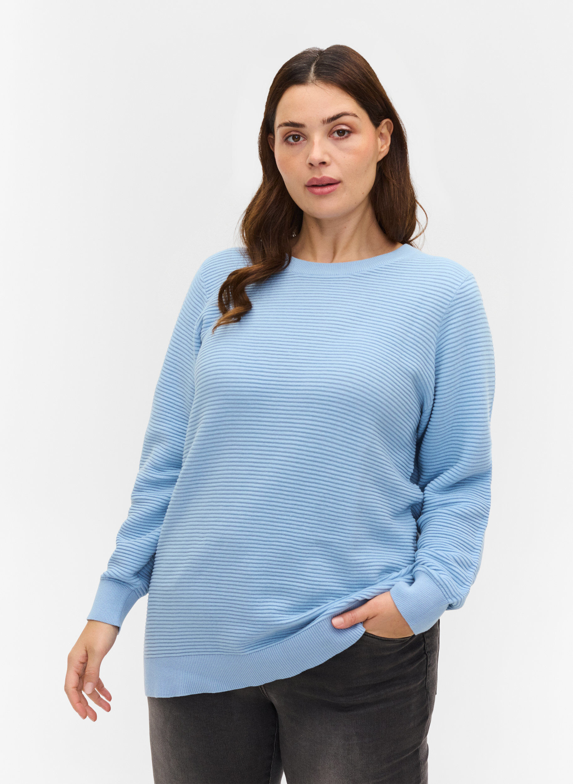 Zizzifashion Long-sleeved knitted blouse in organic cotton, Chambray Blue, Model image number 0