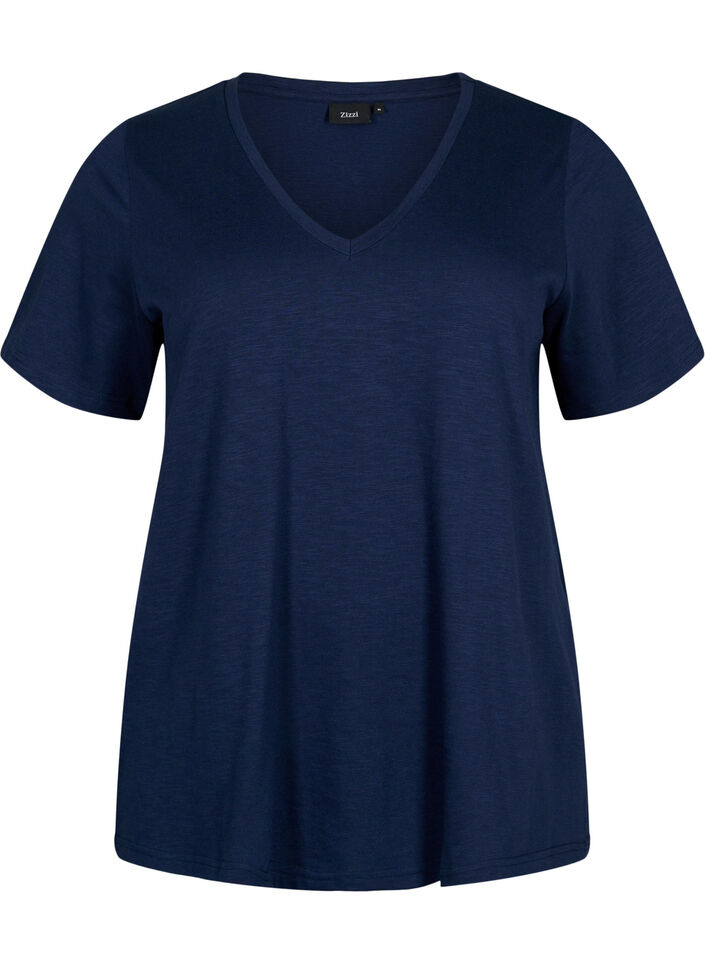 Short-sleeved basic t-shirt with v-neck, Blue, Packshot image number 0