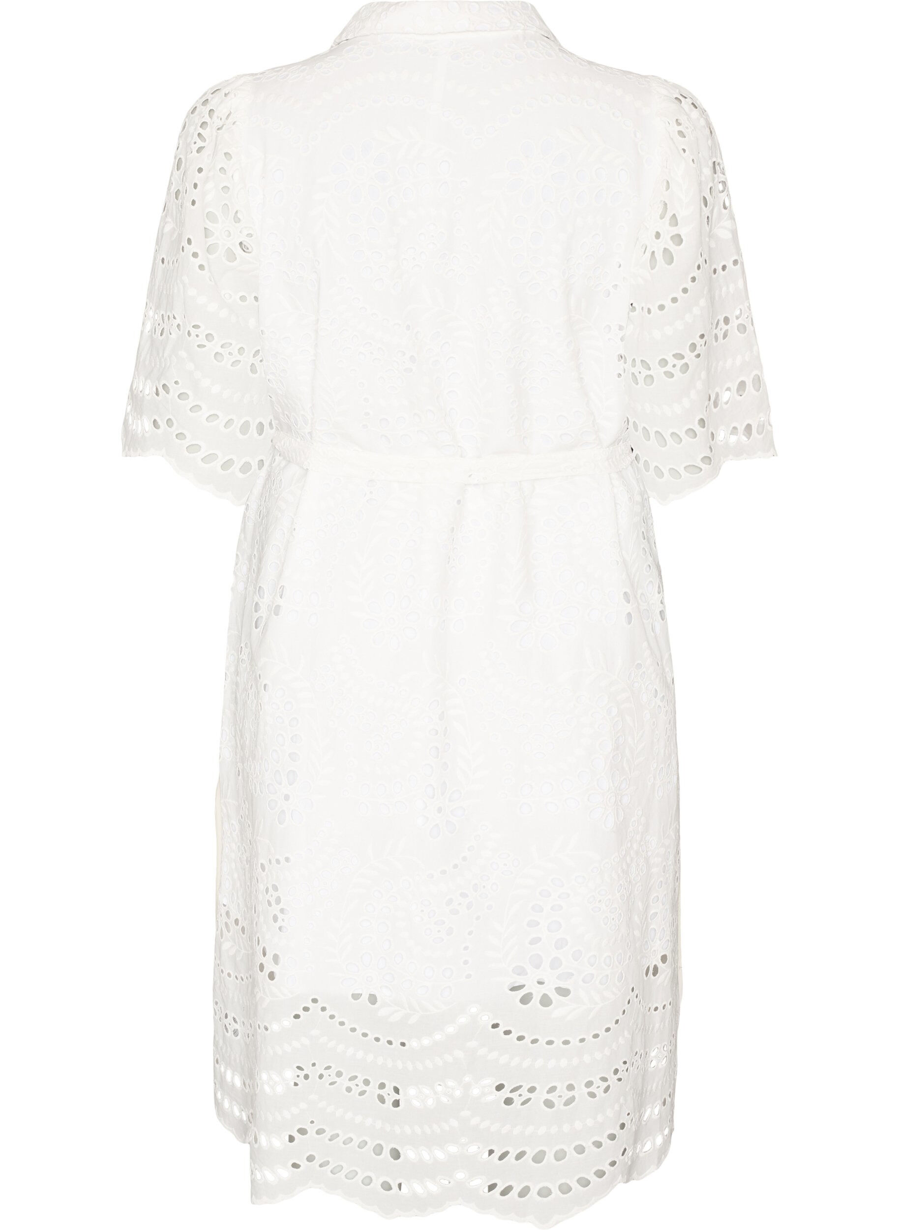 Zizzifashion Shirt dress in broderie anglaise with a tie-belt, White, Packshot image number 1