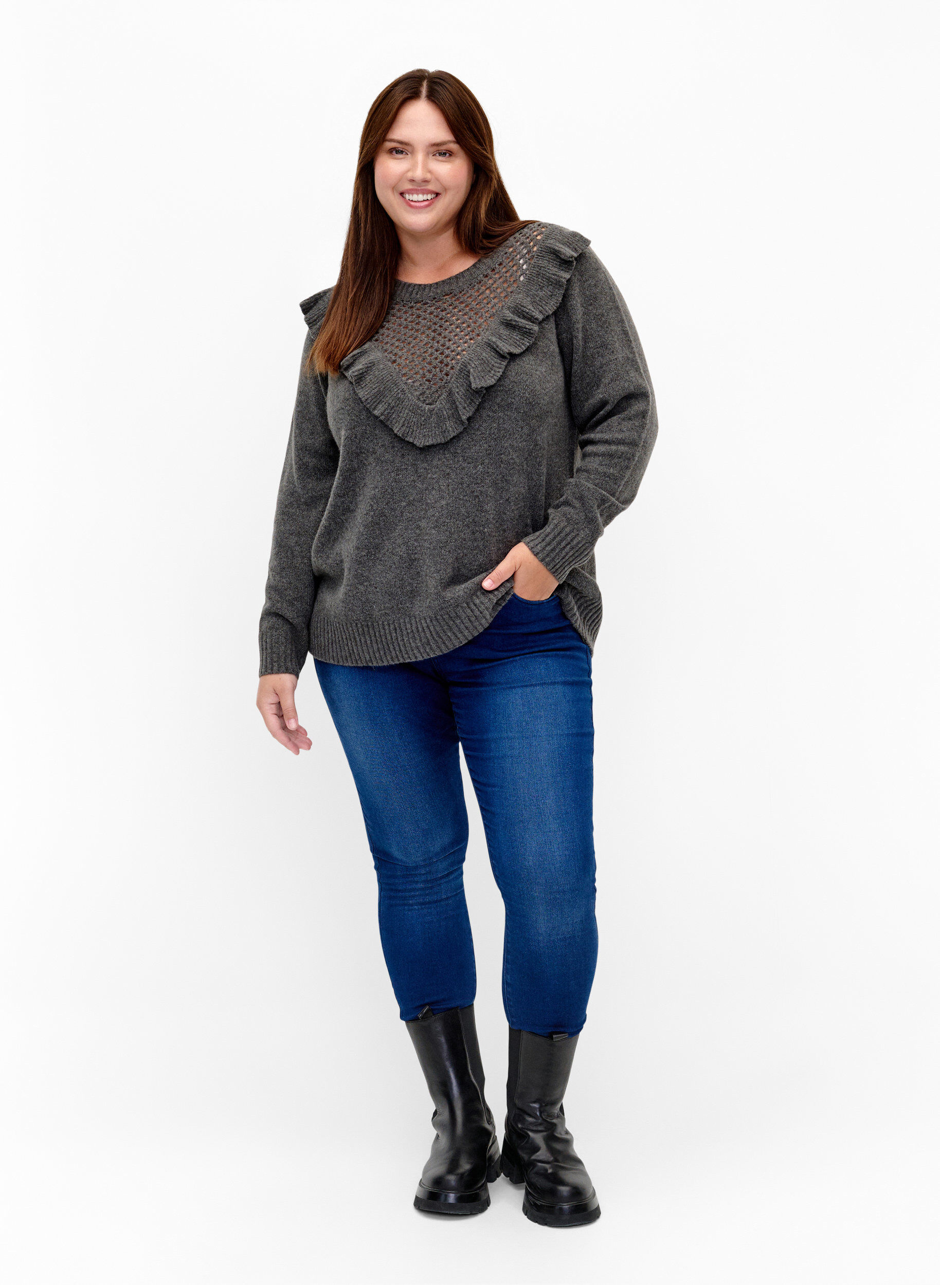 Zizzifashion Knitted wool sweater with ruffle detail, Dark Grey Melange, Model image number 2