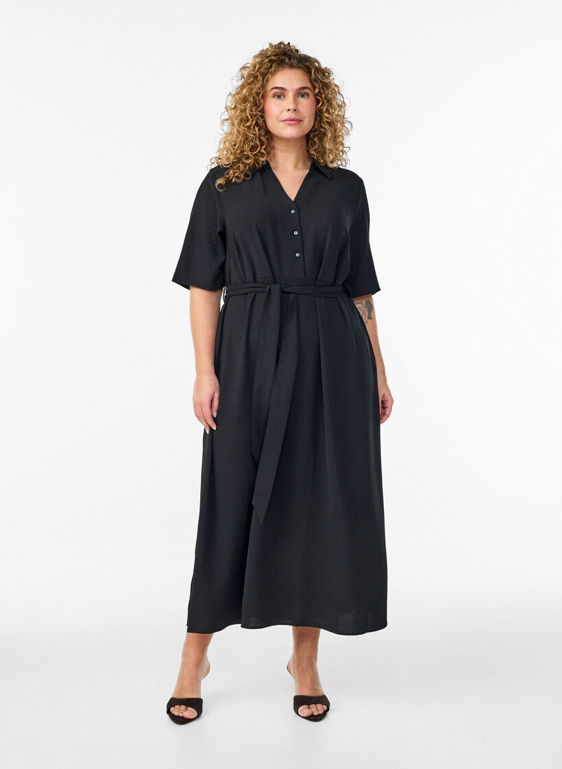 Midi shirt dress with tie belt, Black, Model image number 0