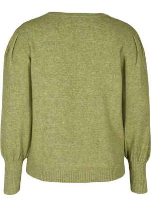 Melange knit sweater with puff sleeves, Green Olive Mel., Packshot image number 1