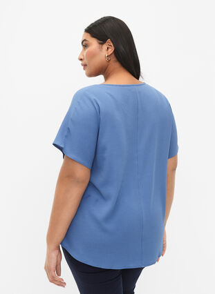 Short sleeved blouse with round neckline, Moonlight Blue, Model image number 1