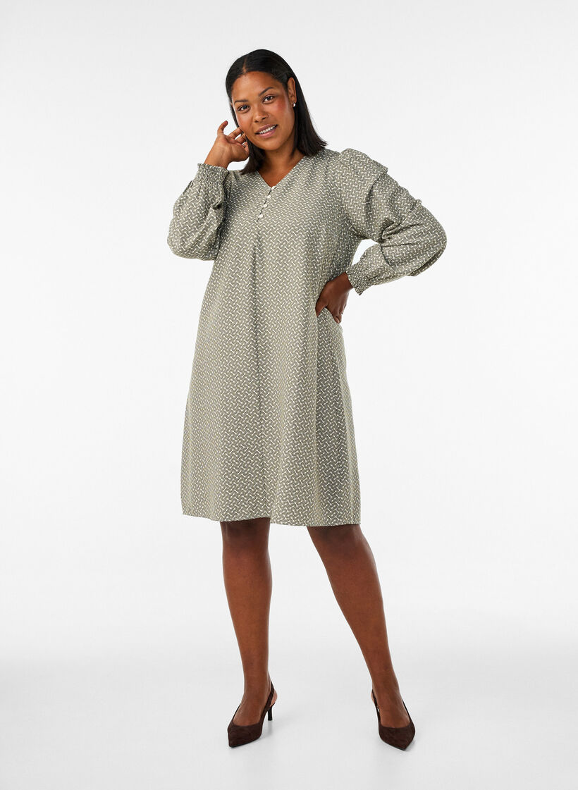 Patterned viscose dress with long sleeves, Green, Model image number 1