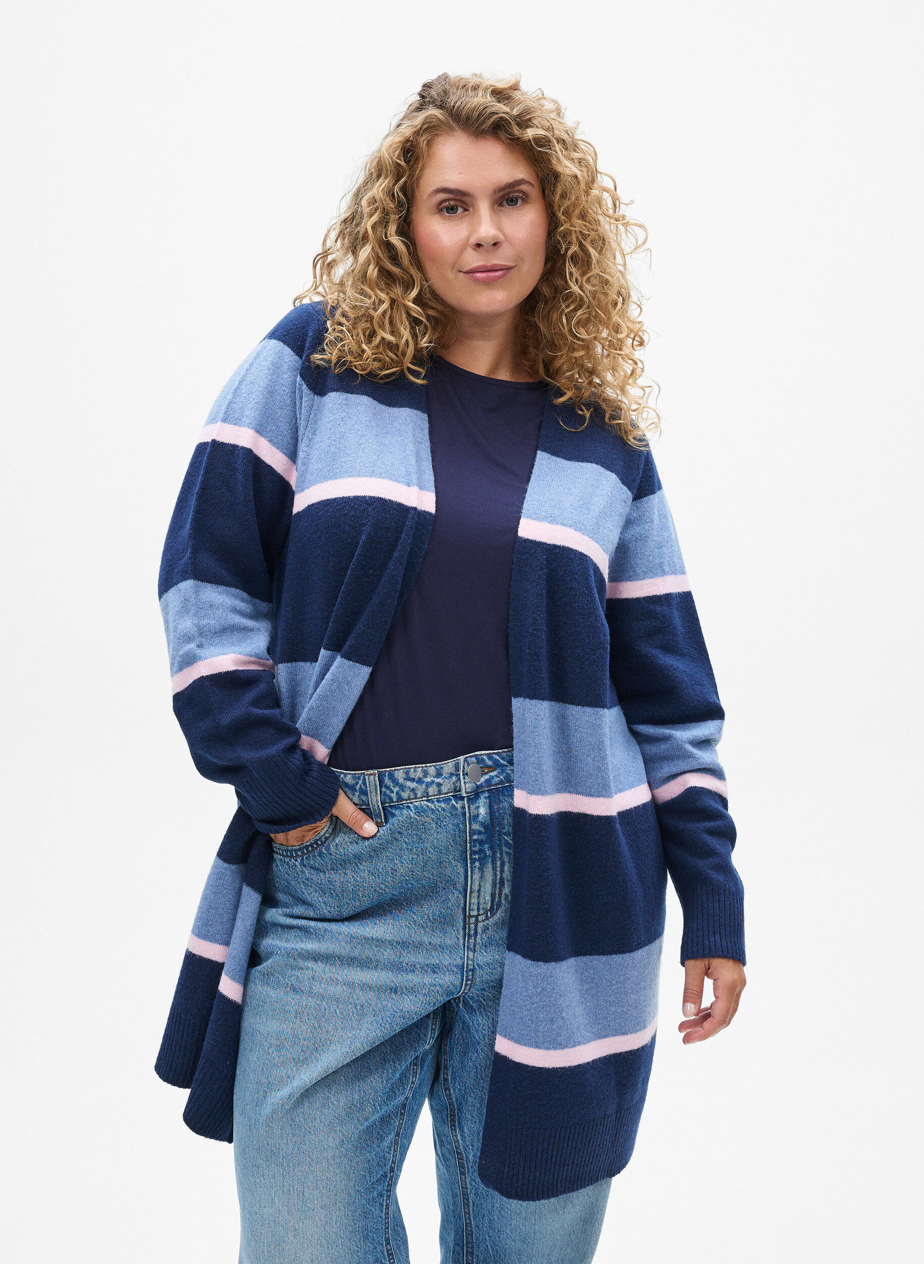 Zizzifashion Long knit cardigan with wide stripes, Blue, Model image number 0