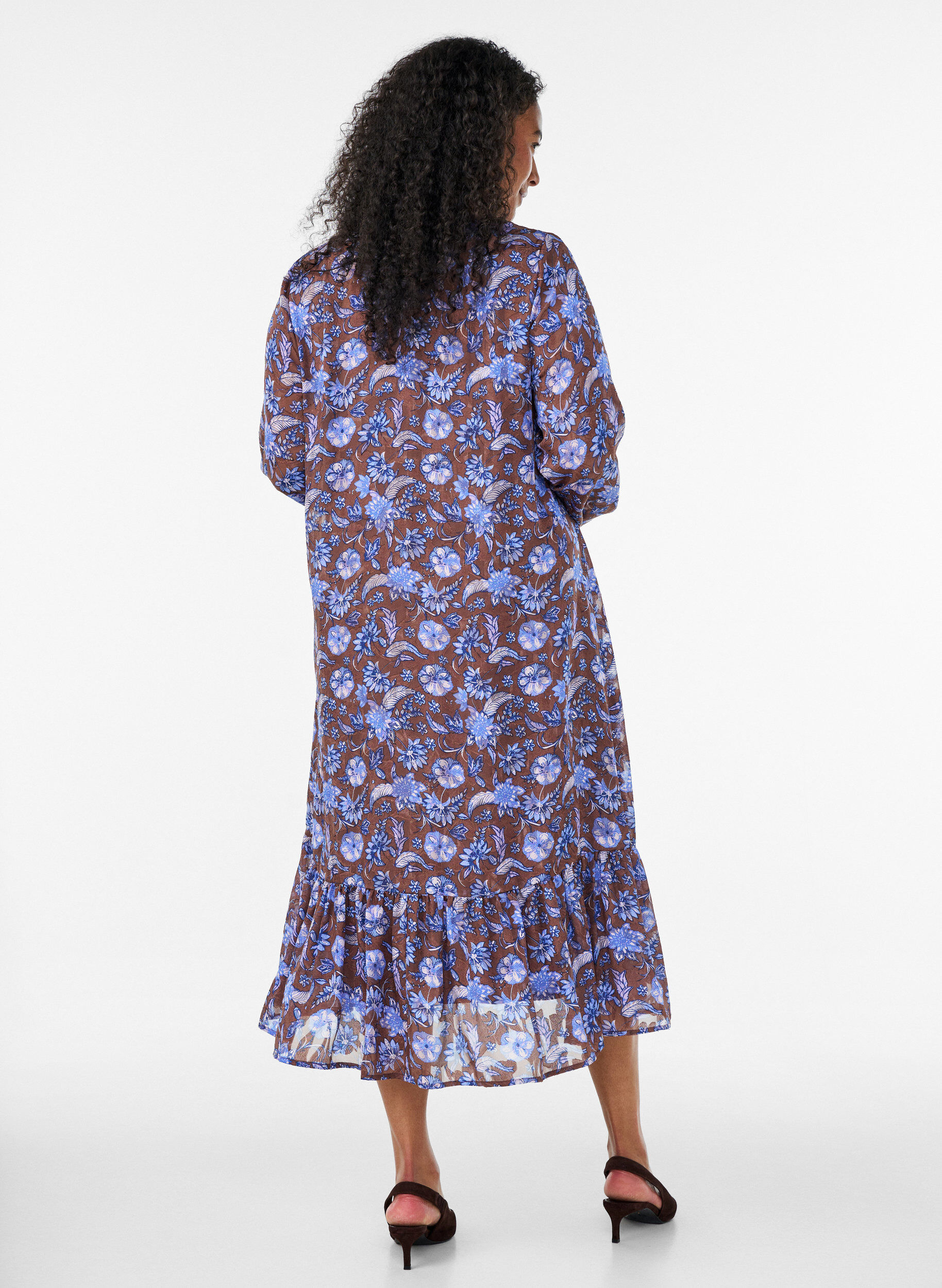 ZizzifashionMidi dress with floral print and ruffle hem, Brown, Model image number 1