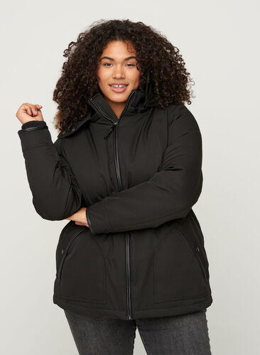 Short winter coat with a hood and faux fur trim, Black, Model image number 0