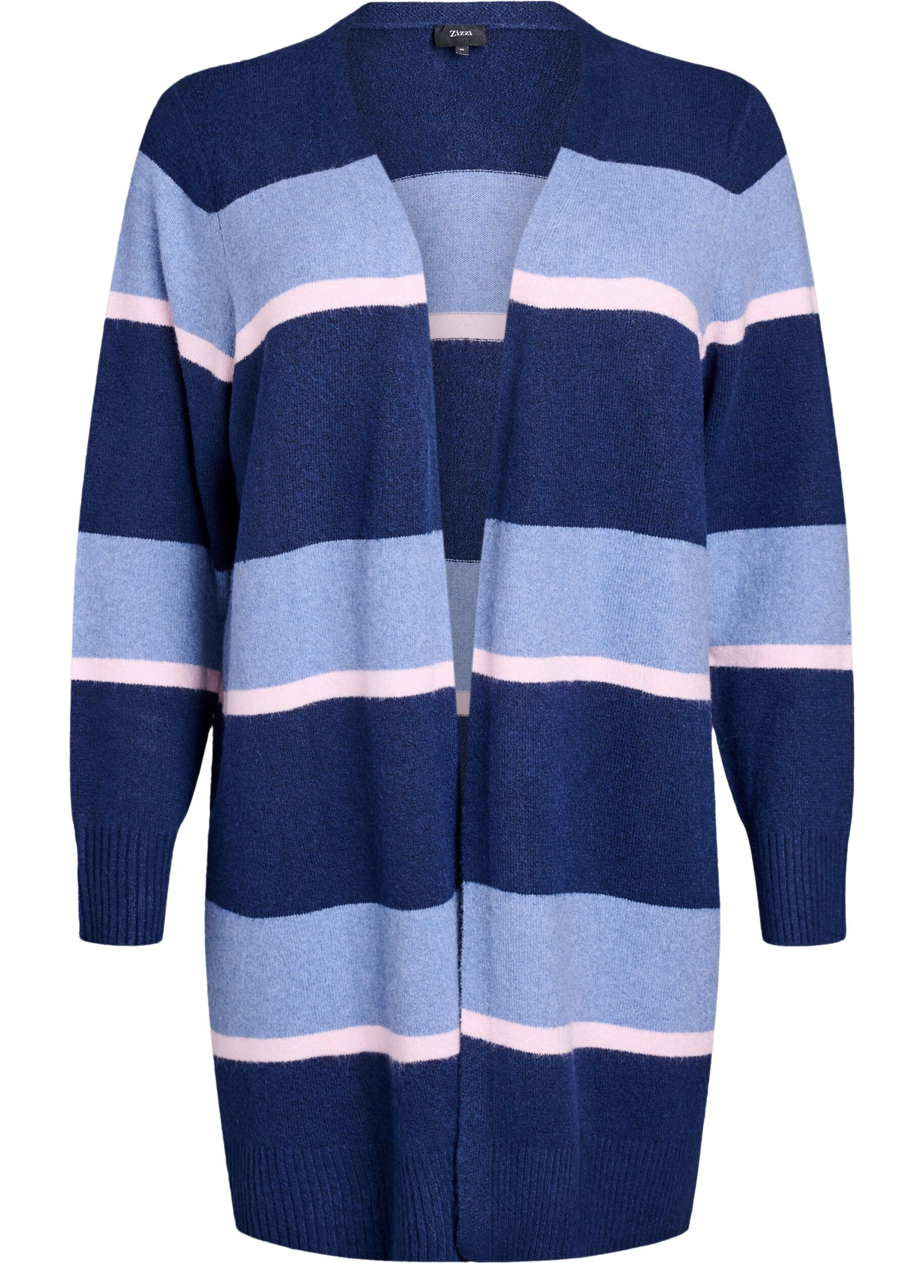 Zizzifashion Long knit cardigan with wide stripes, Blue, Packshot image number 0