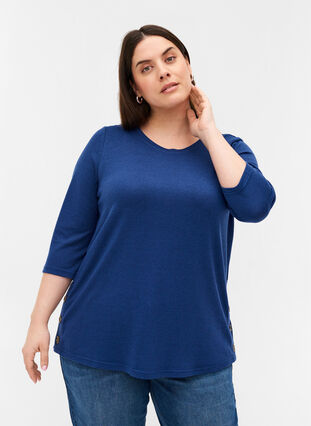 Blouse with 3/4 length sleeves and buttons, Twilight Blue Mel, Model image number 0