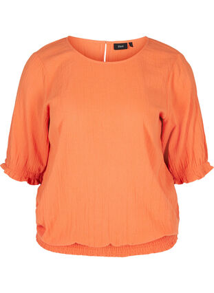Short-sleeved cotton blouse with smock, Brandied Melon, Packshot image number 0
