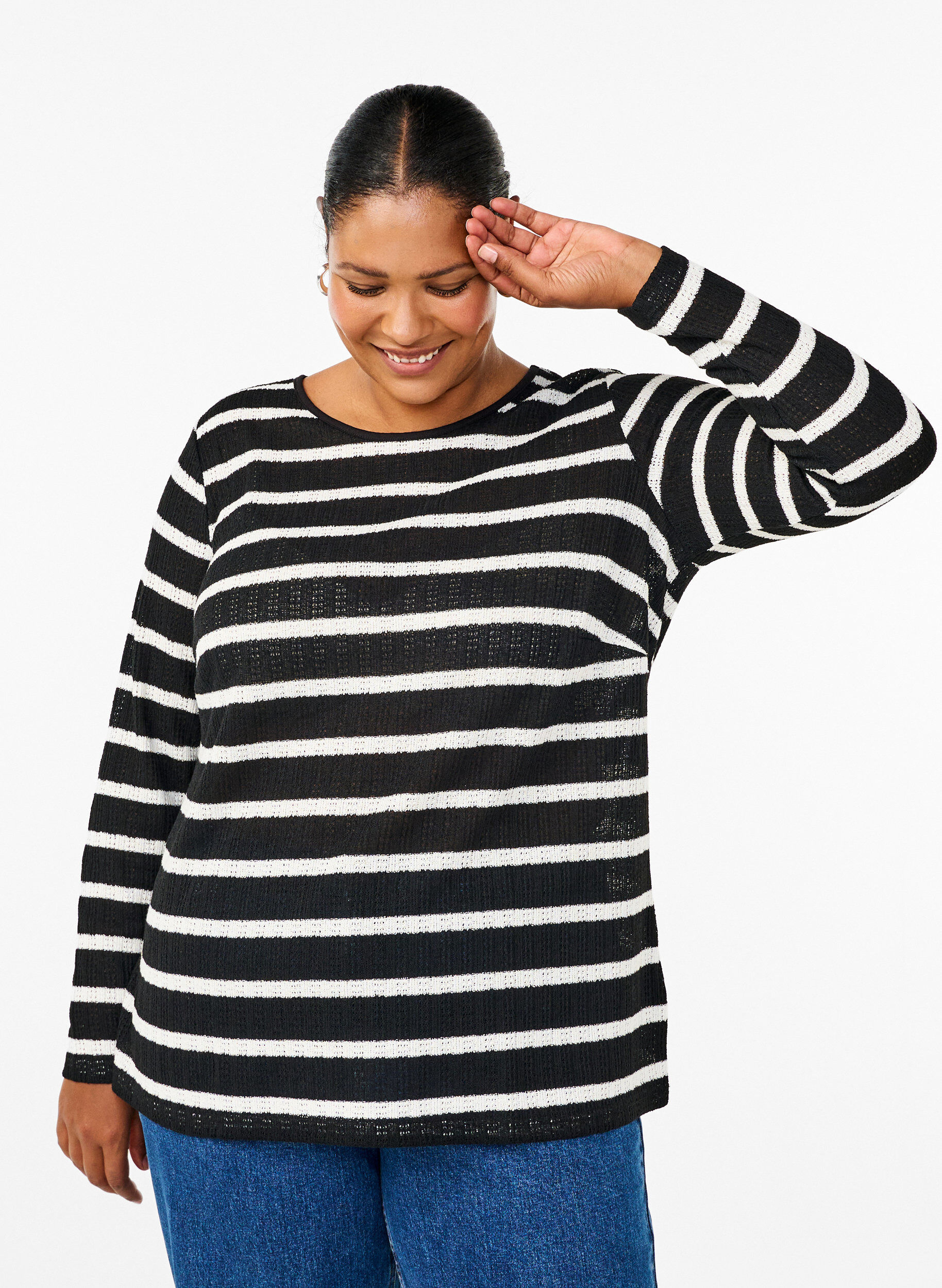 Zizzifashion Blouse with stripes and long sleeves, Black Sand Stripe, Model image number 0
