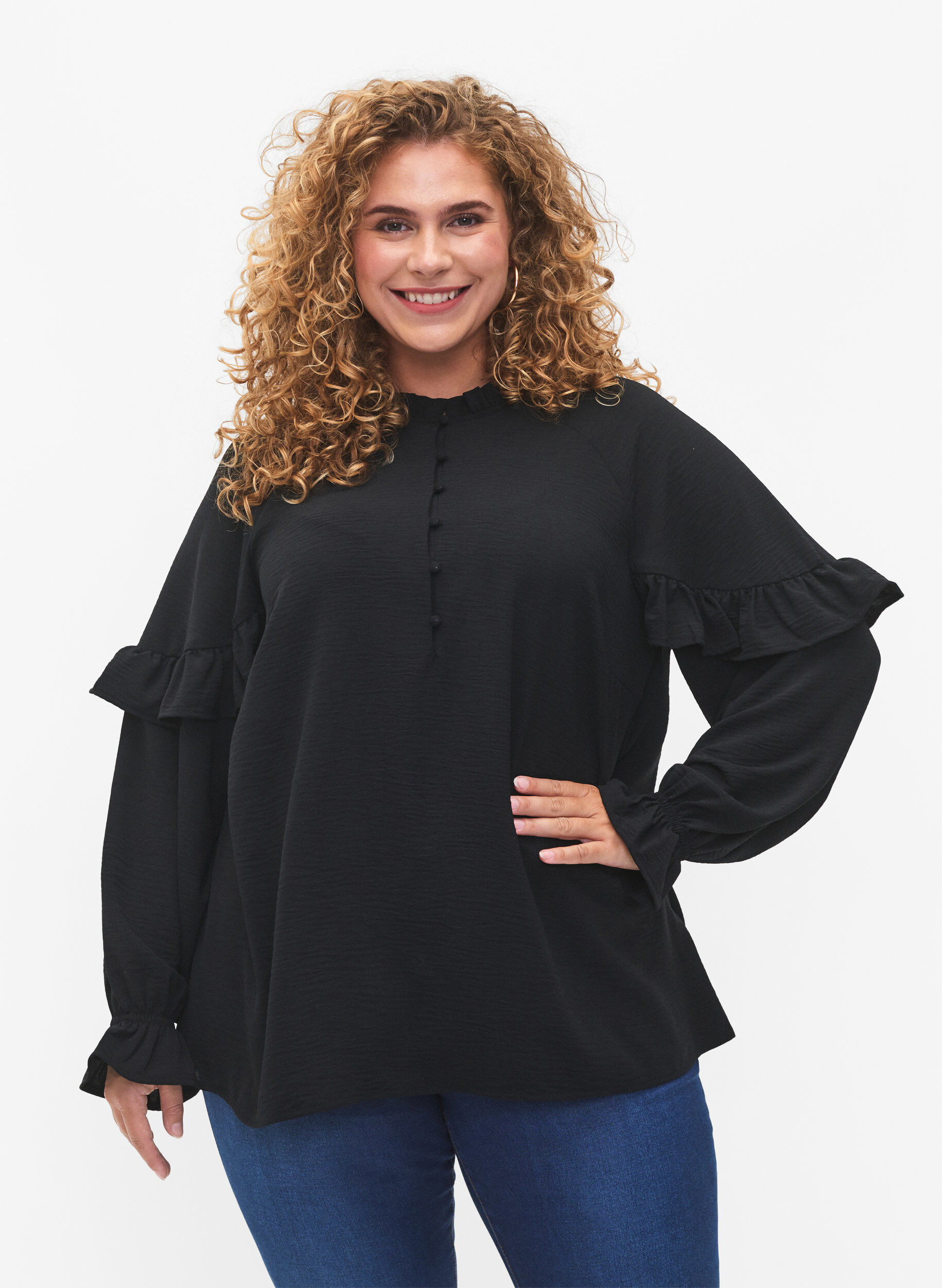 Zizzifashion Blouse with ruffles and buttons, Black, Model image number 0