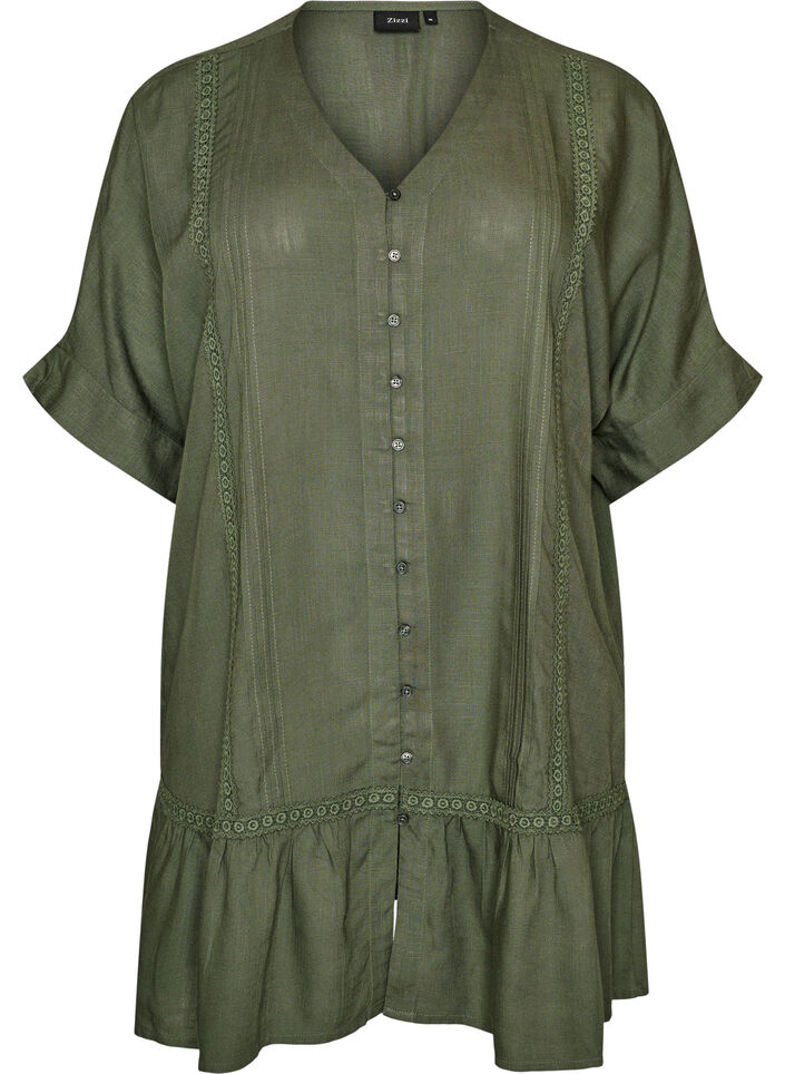 Viscose tunic with buttons and frill hem, Green, Packshot image number 0