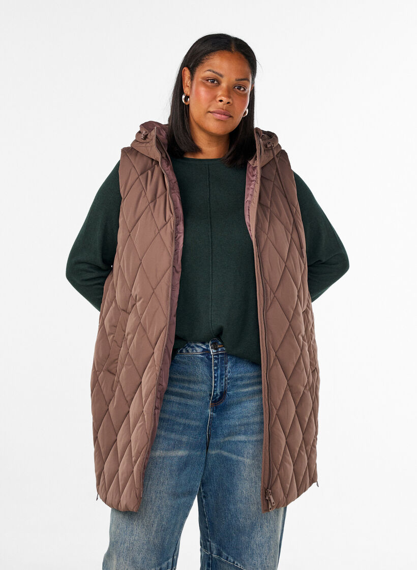 Mid-length quilted gilet with hood, Brown, Model image number 0