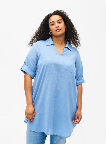 Short-sleeved cotton blend tunic with linen, Faded Denim, Model image number 0