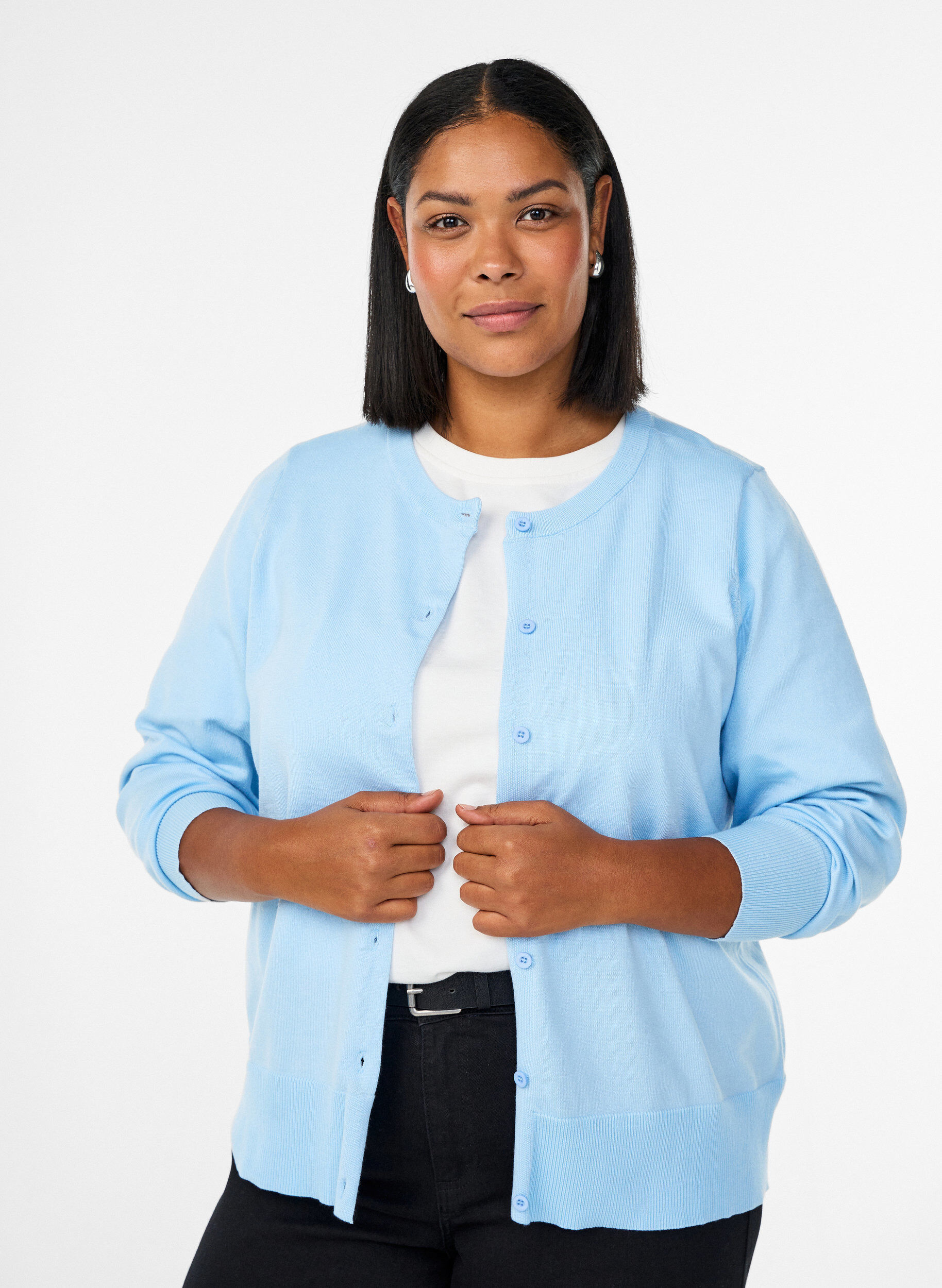 ZizzifashionFine-knit cardigan with round neck, Light Blue, Model image number 0