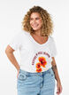 Cotton T-shirt with front print and V-neck, White, Model image number 0