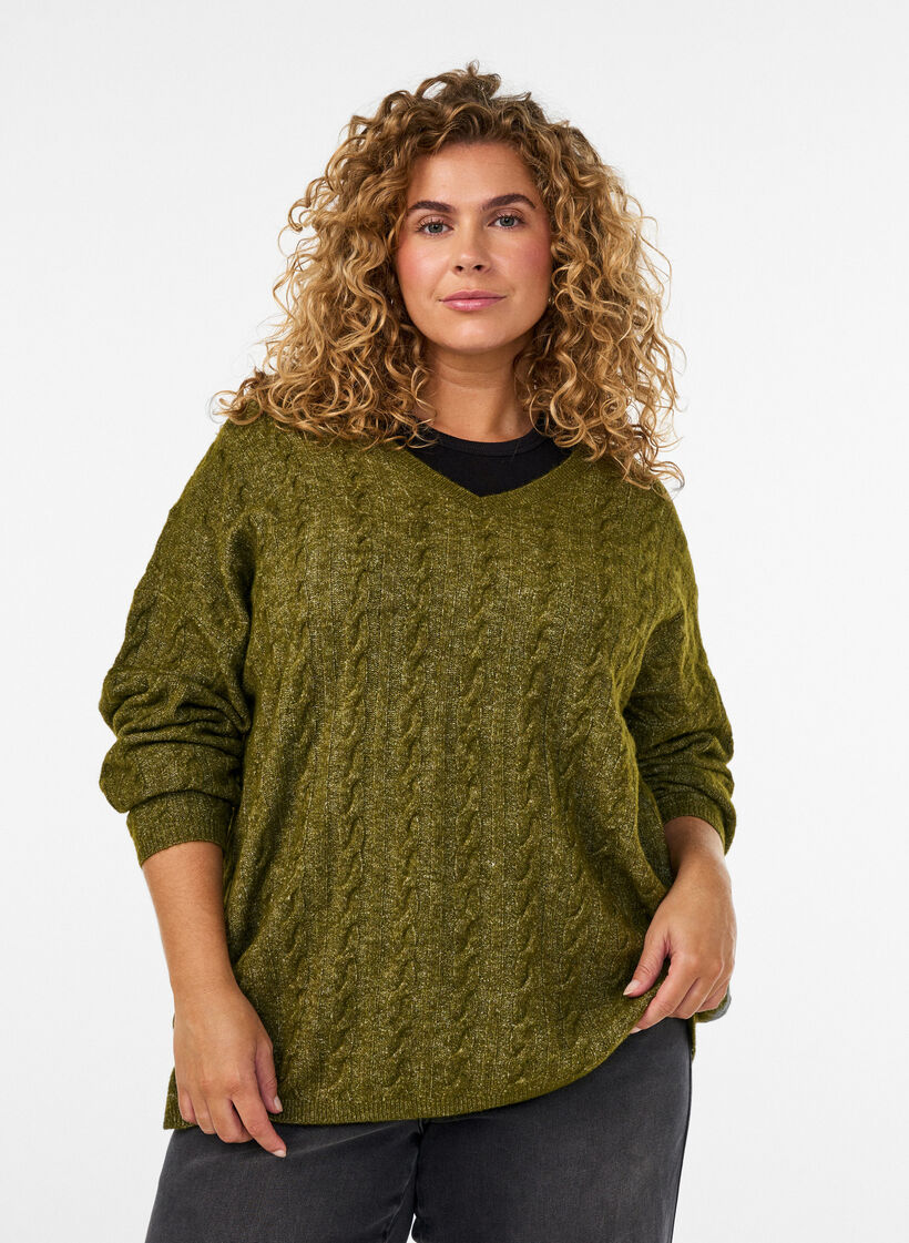 Knitted blouse with cable knit and V-neck, Green, Model image number 0