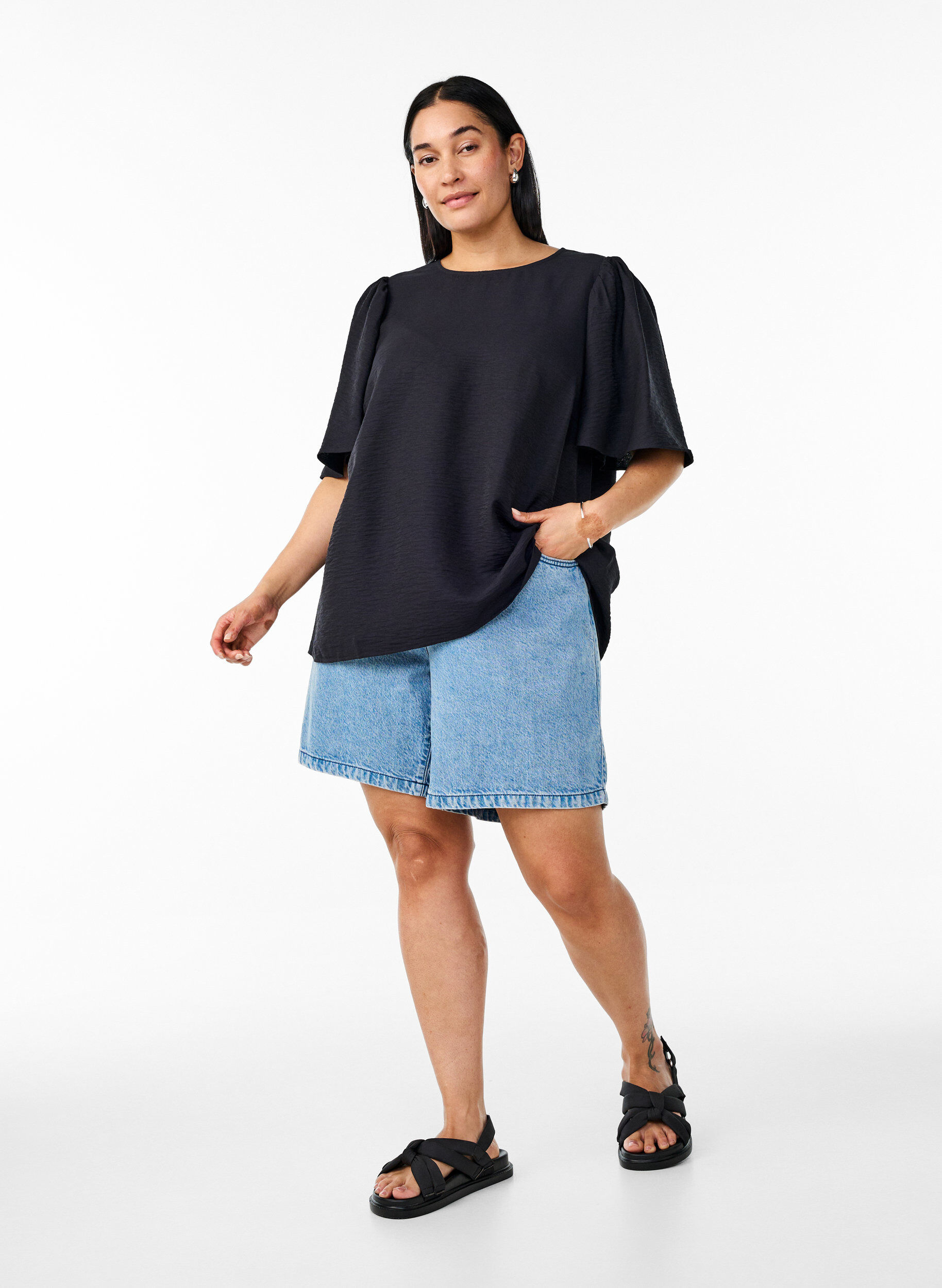 Zizzifashion Blouse with short, wide sleeves, Black, Model image number 1