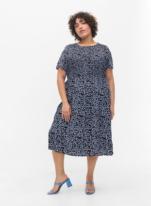Printed viscose dress with smock, Blue Dot, Model image number 2