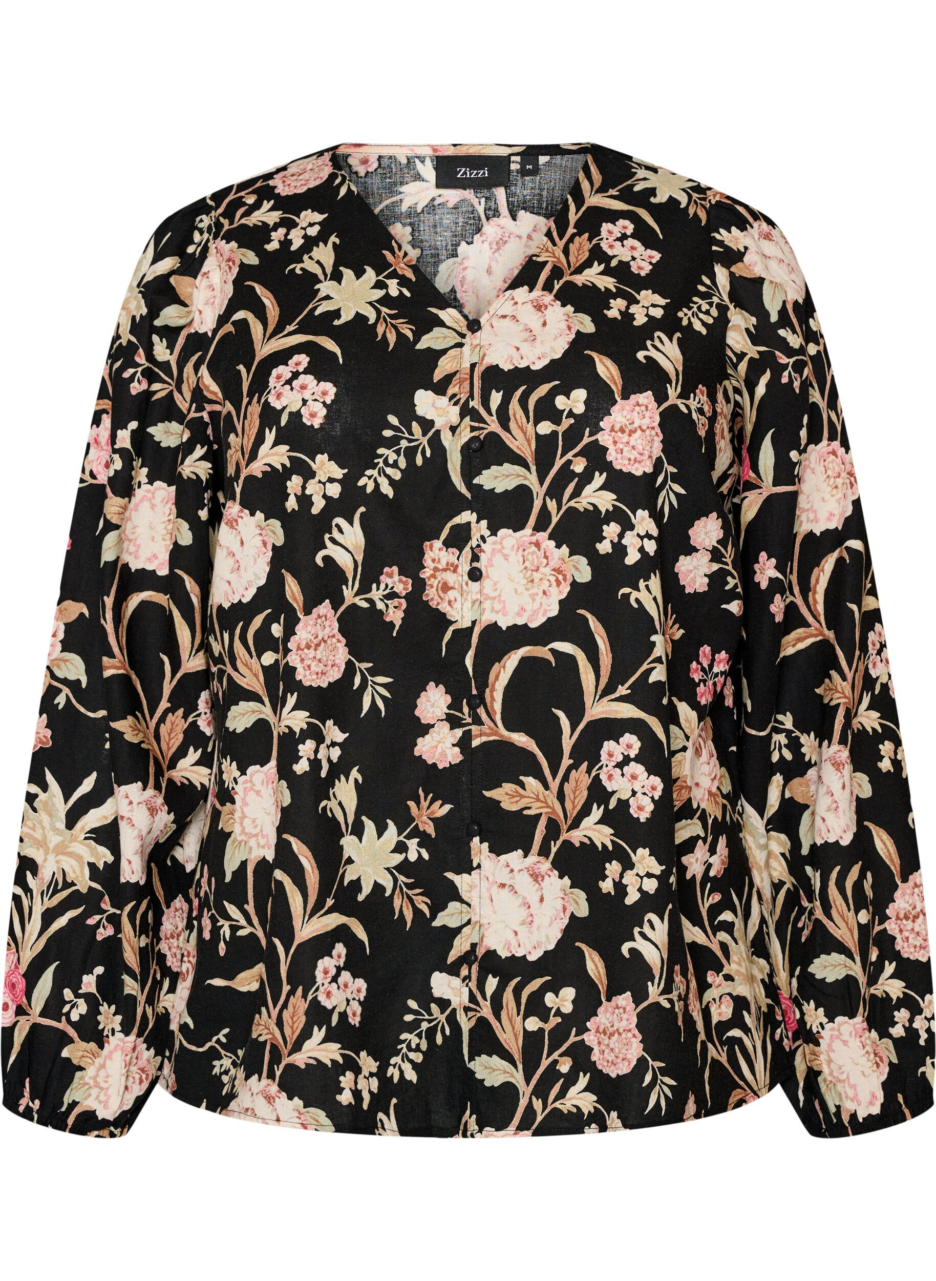 ZizzifashionFloral blouse in linen and viscose with long sleeves, Black, Packshot image number 0