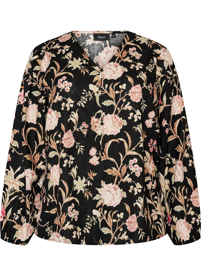 Floral blouse in linen and viscose with long sleeves, Black, Packshot image number 0