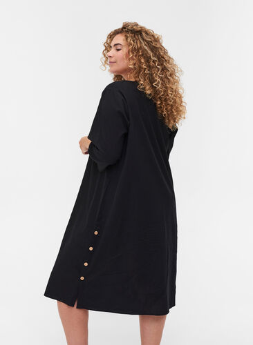 Cotton dress with 3/4 sleeves and buttons, Black, Model image number 1