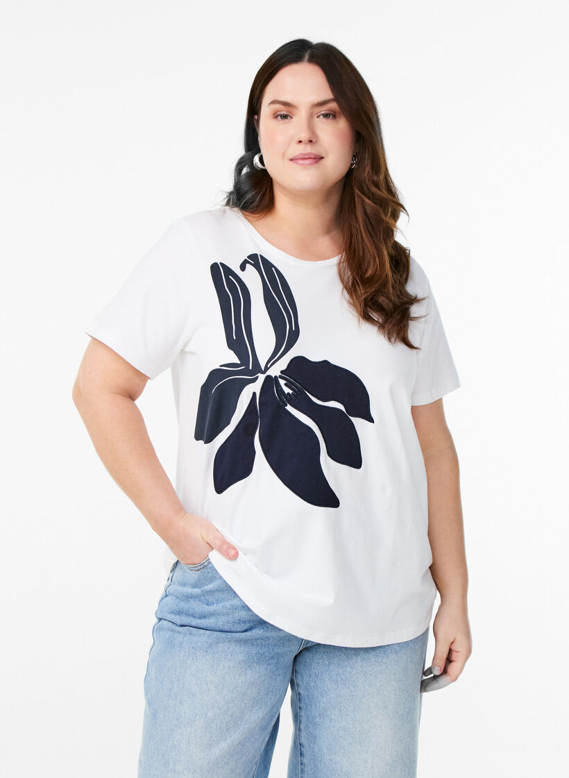 T-shirt in organic cotton with floral print, B. White w. EMB, Model image number 0