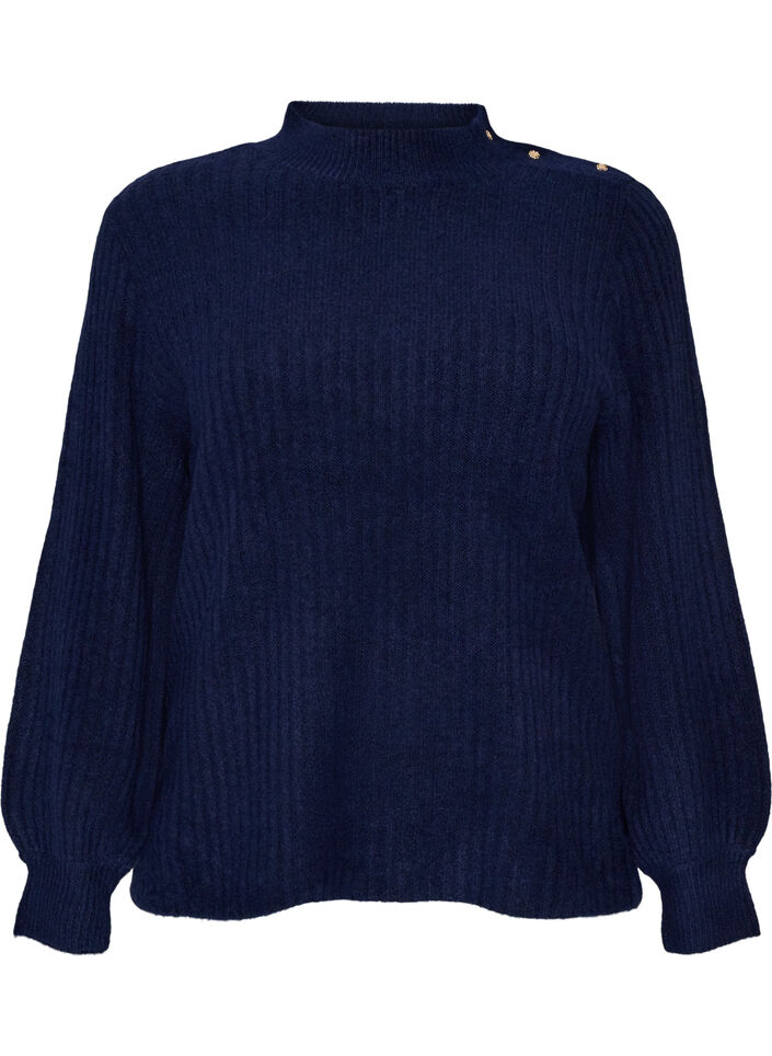 Ribbed jumper with puff sleeves and buttons, Blue, Packshot image number 0