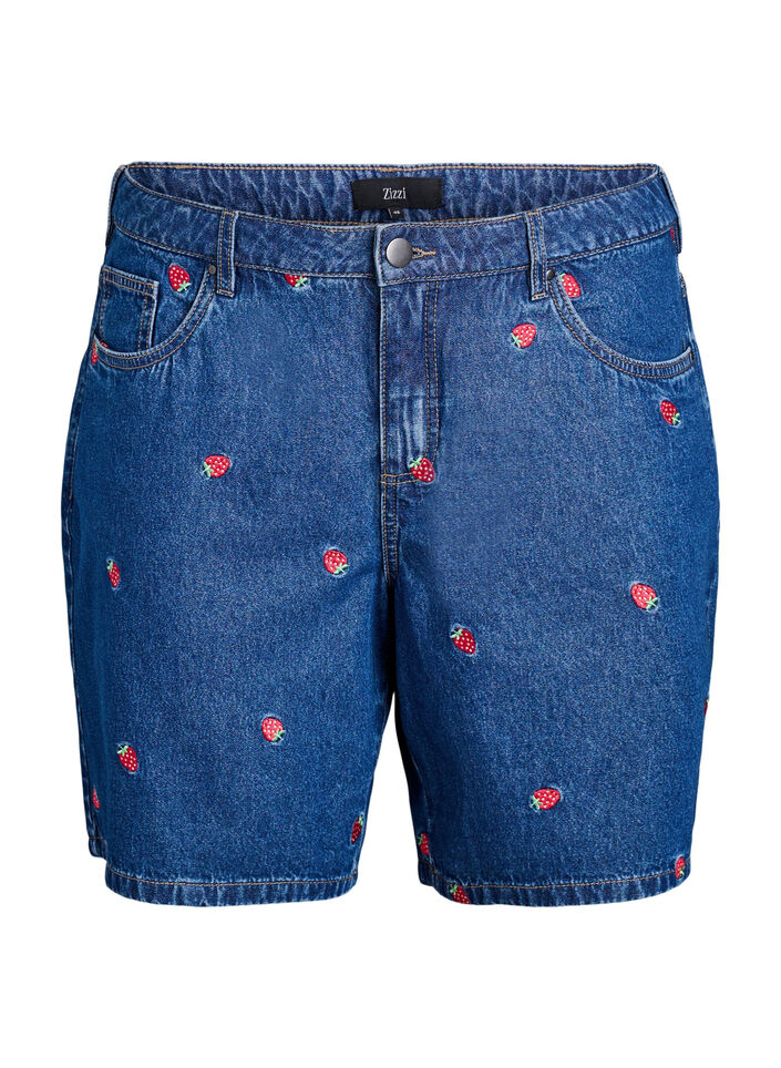 Denim shorts with embroidered strawberries, Blue, Packshot image number 0