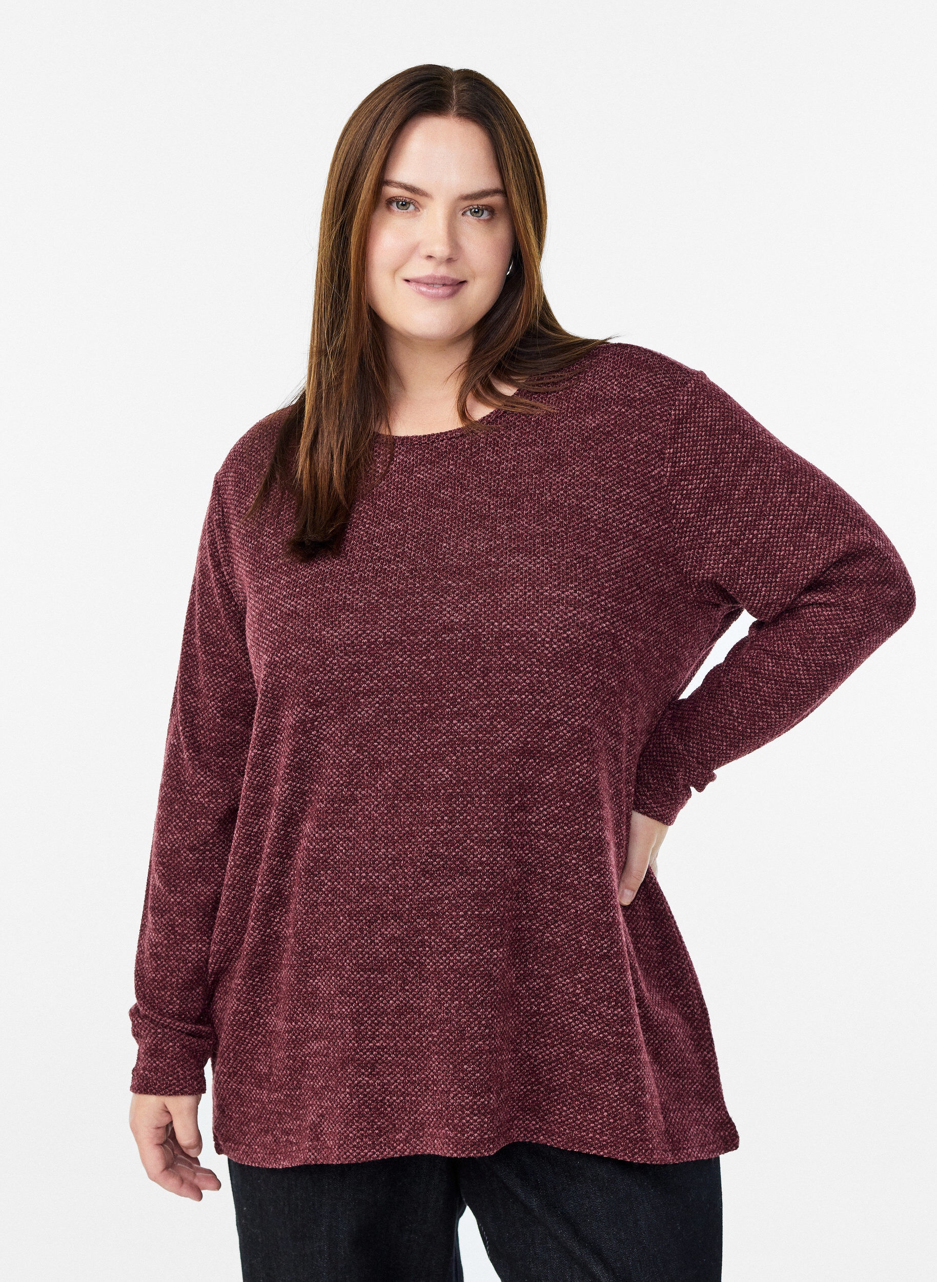 Long-sleeved blouse with texture, Dark Bordeaux, Model