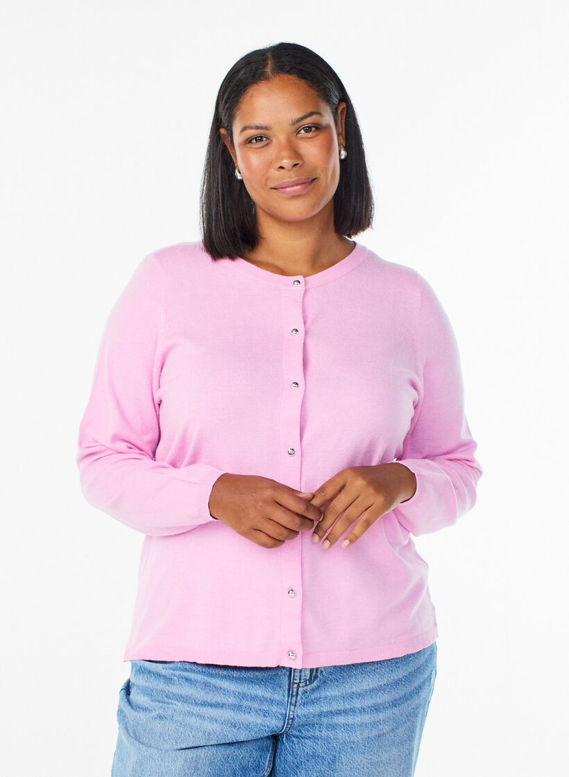 Cardigan with round buttons, Pink, Model image number 0