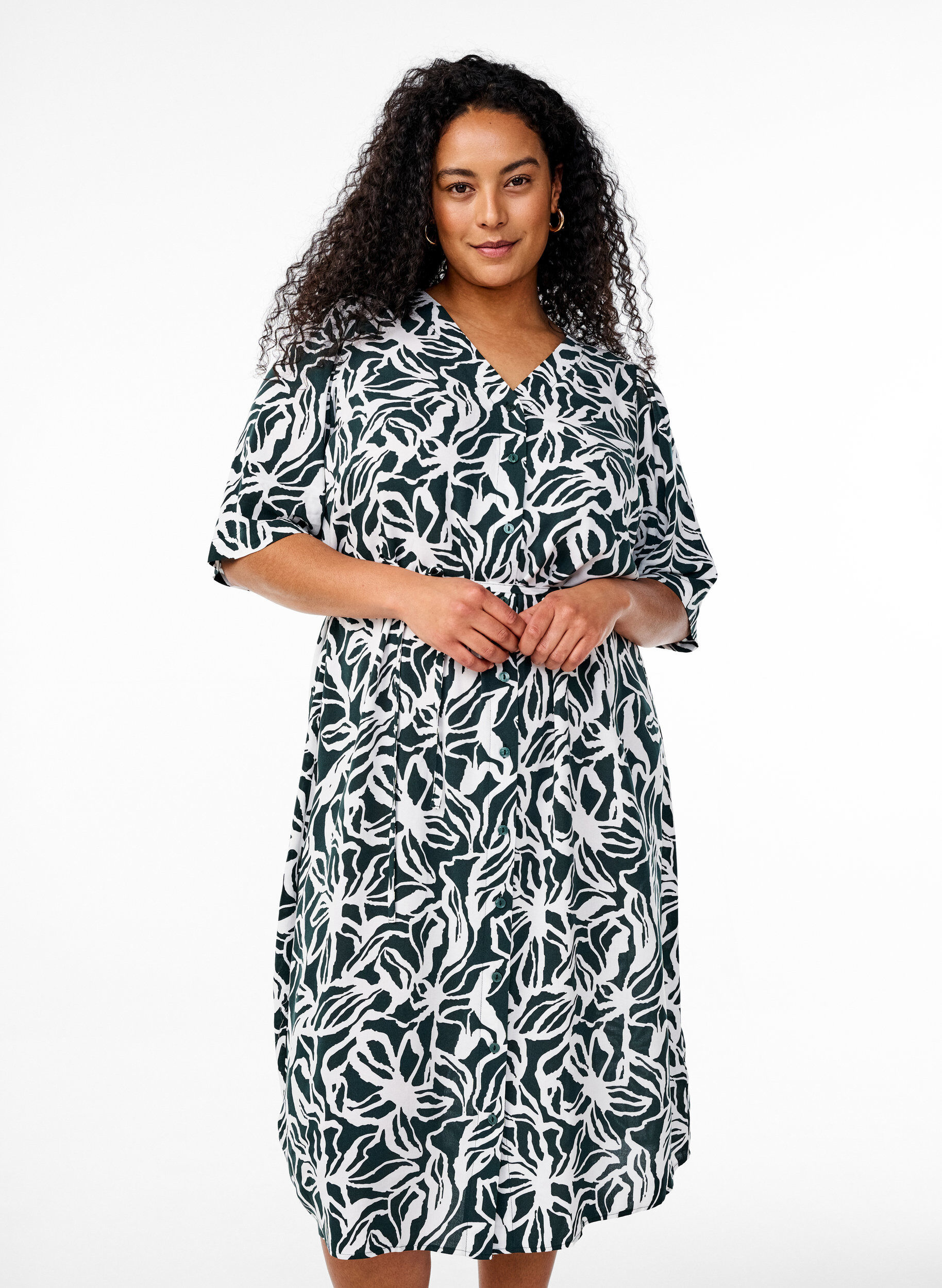 Zizzifashion FLASH - Midi dress with print and tie belt, Green, Model image number 0