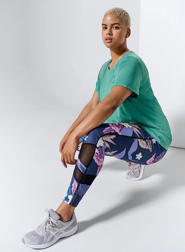 Cropped sports leggings with floral print, Blue Flower, Image image number 0