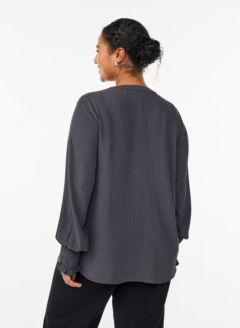 Blouse with smock cuffs and V-neck, Dark Grey, Model image number 2