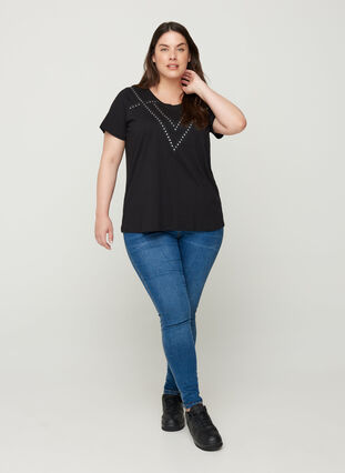 Cotton T-shirt with studs, Black, Model image number 3