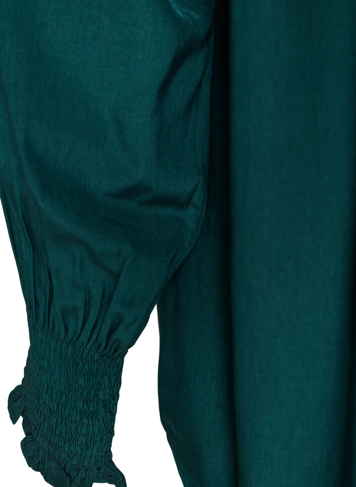 Blouse with ruffle collar and ruching, Green, Packshot image number 3