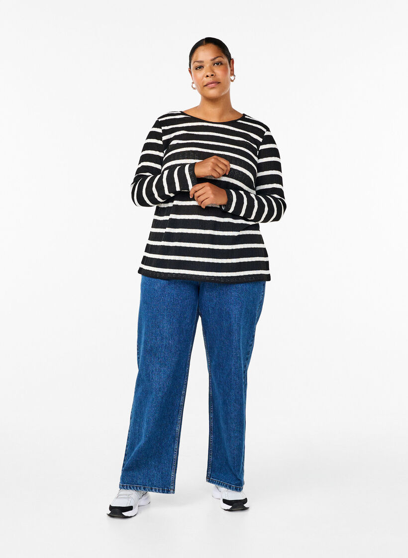 Blouse with stripes and long sleeves, Black Sand Stripe, Model image number 2