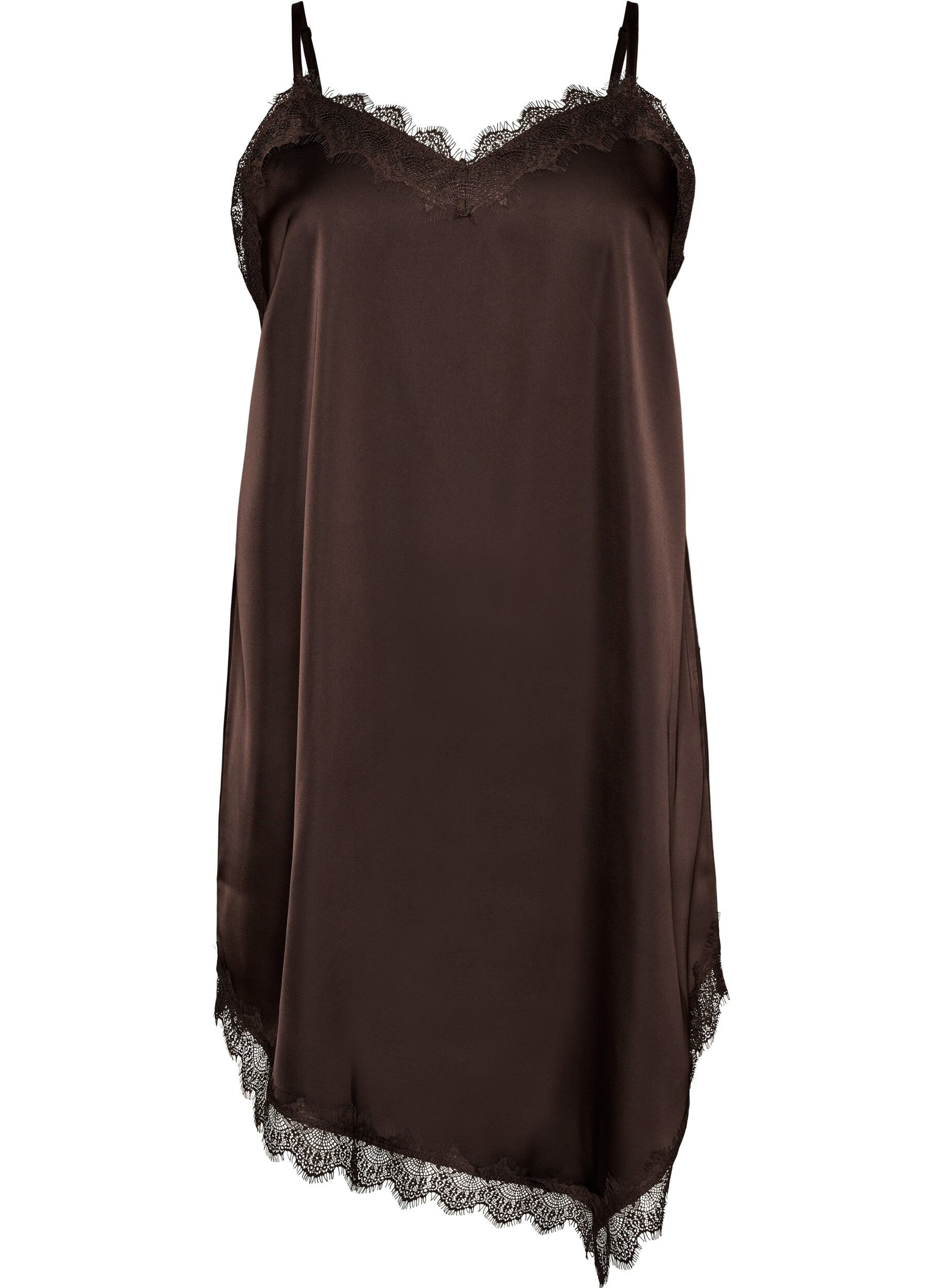 Zizzifashion Satin-look dress with lace trim, Brown, Packshot image number 0