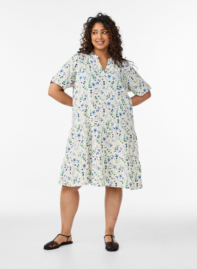 Short A-line dress in cotton muslin, Beige, Model image number 1