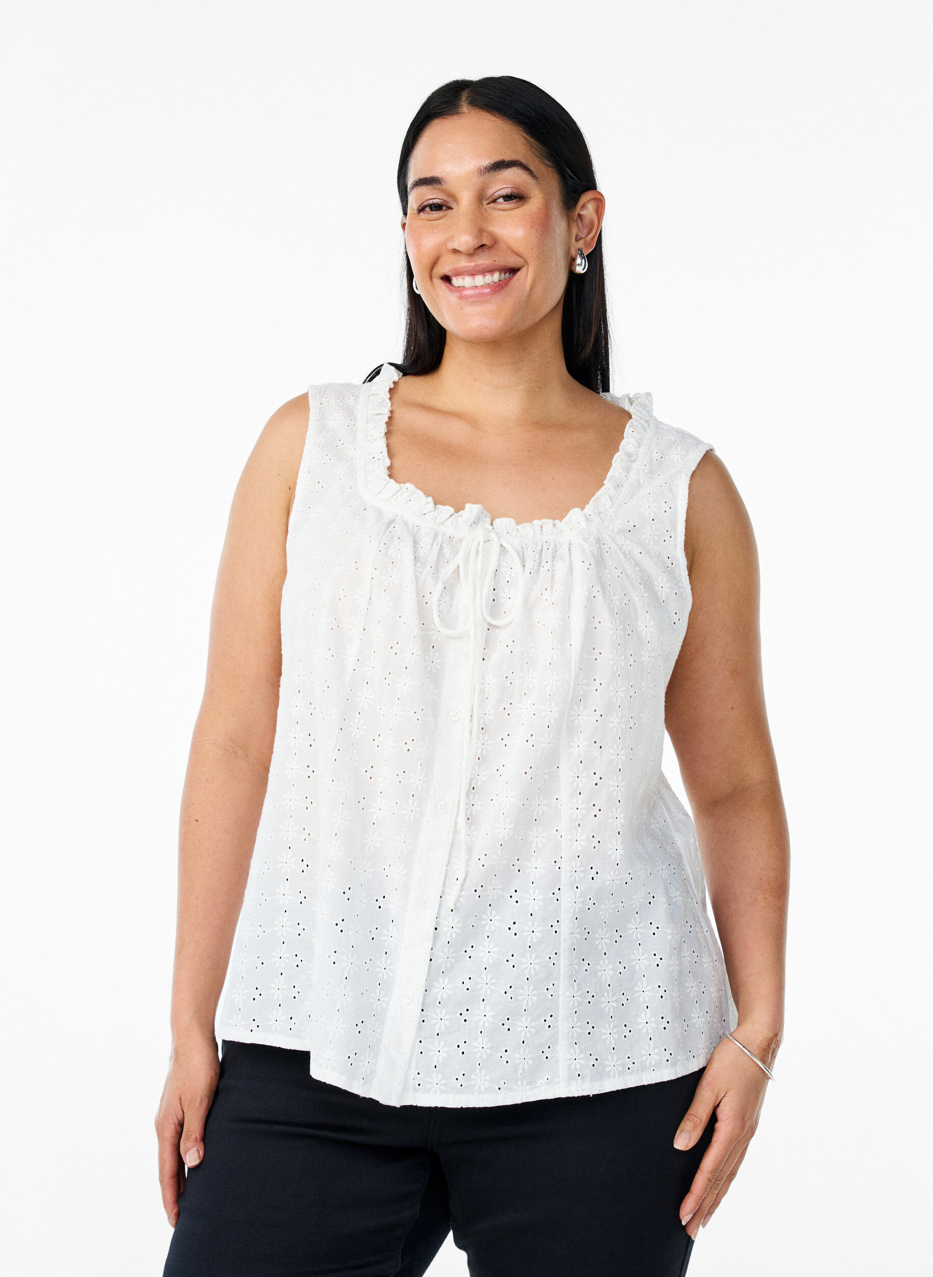 Sleeveless blouse with broderie anglaise and ruffles, Vanilla, Model
