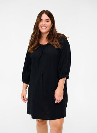 Cotton tunic with buttons and 3/4 sleeves, Black, Model image number 0